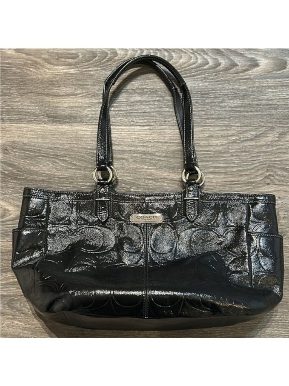 Coach Gallery Embossed Patent Leather Tote Shoulder City Bag Black Y2K - Picture 2 of 16